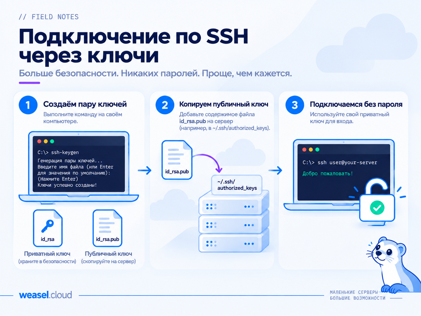 Схема: подключение по SSH через ключи - генерация пары, копирование публичного ключа на сервер, вход без пароля